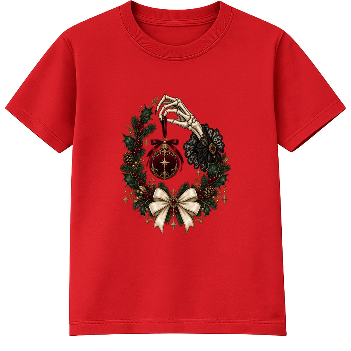 Skeleton Hand Bauble adult Christmas t-shirt - Red