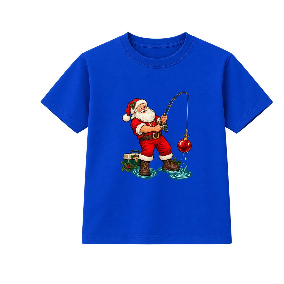 Fishing Santa adult Christmas t-shirt - Blue