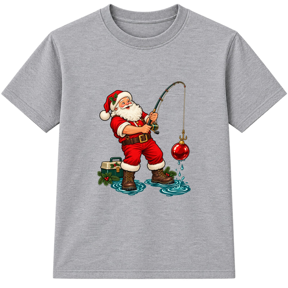 Fishing Santa adult Christmas t-shirt - Heather Grey