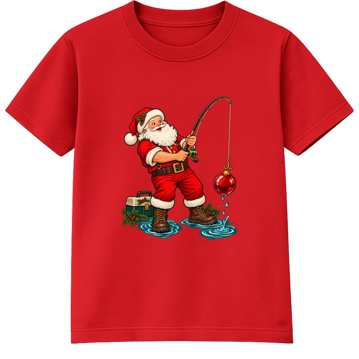 Fishing Santa adult Christmas t-shirt - Red