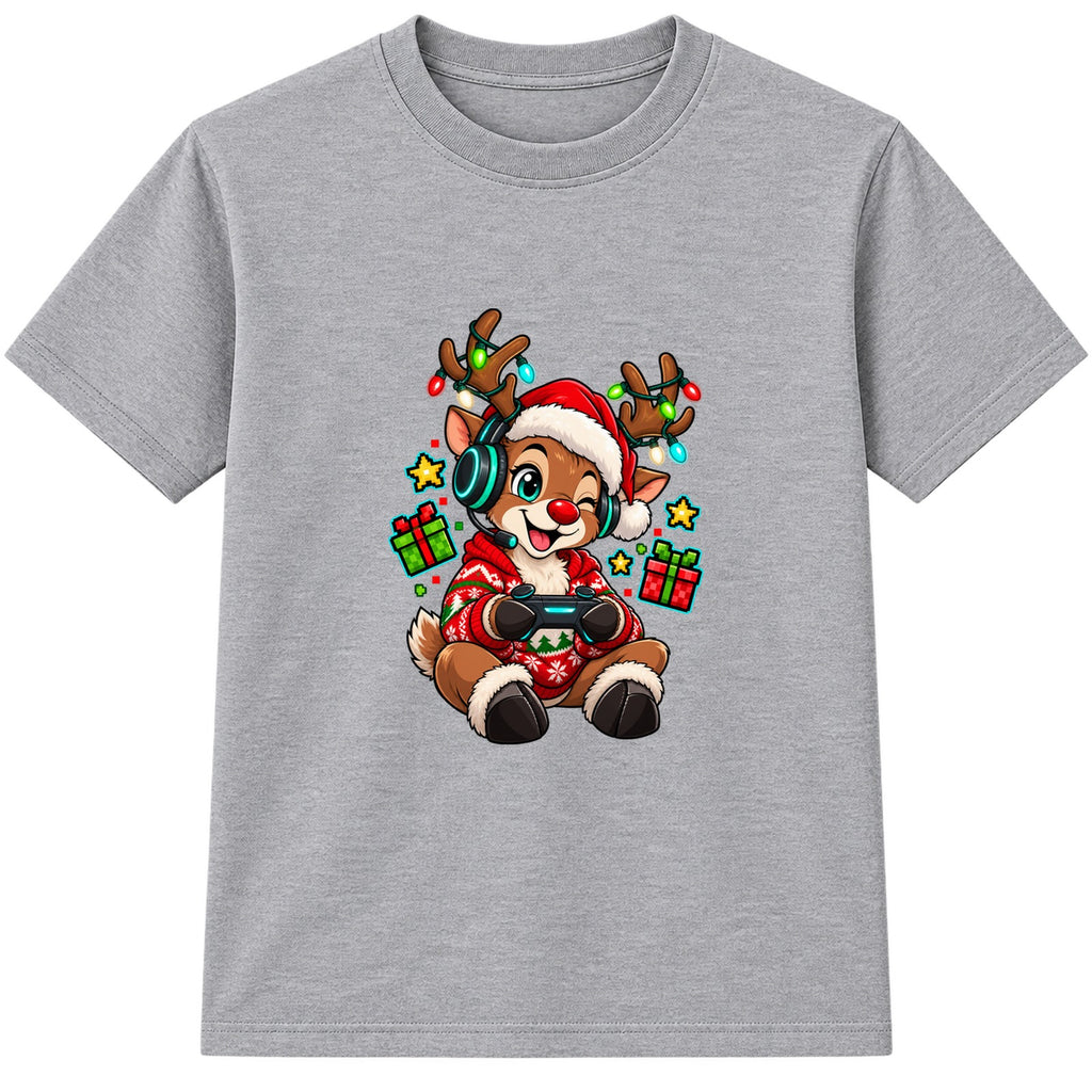 Gamer Reindeer kids Christmas t-shirt - Heather Grey