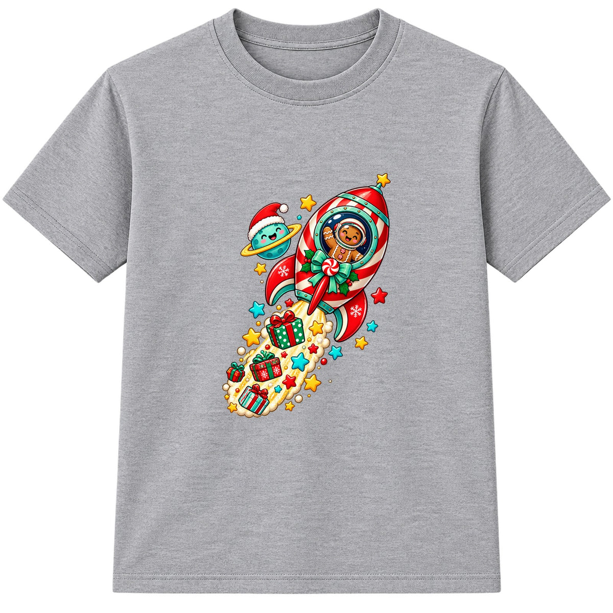 Gingerbread Rocket kids Christmas t-shirt - Heather Grey