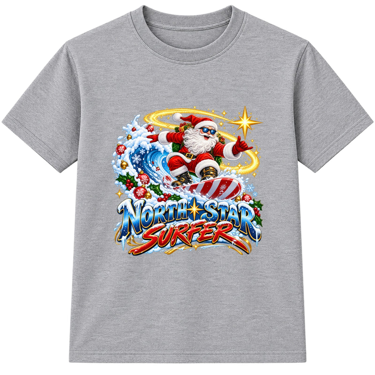 North Star Surfer adult Christmas t-shirt - Heather Grey