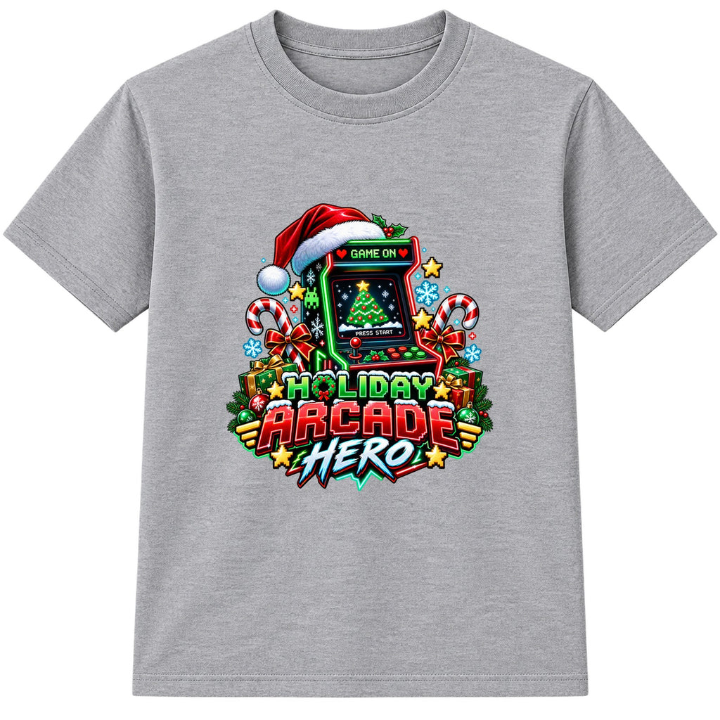 Holiday Arcade Hero adult Christmas t-shirt - Heather Grey