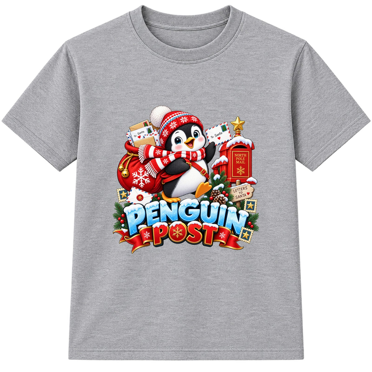 Penguin Post kids Christmas t-shirt - Heather Grey