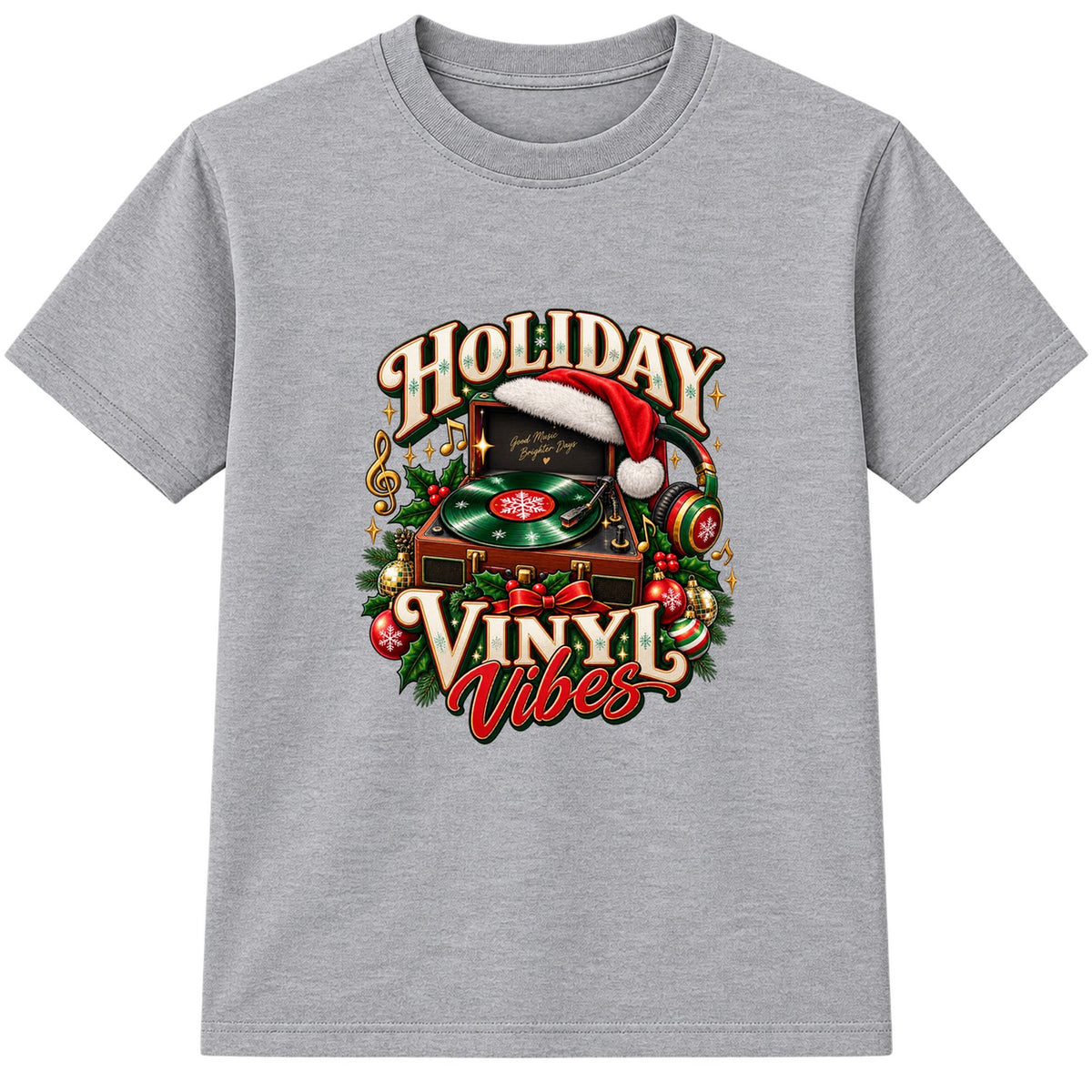 Holiday Vinyl Vibes adult Christmas t-shirt - Heather Grey