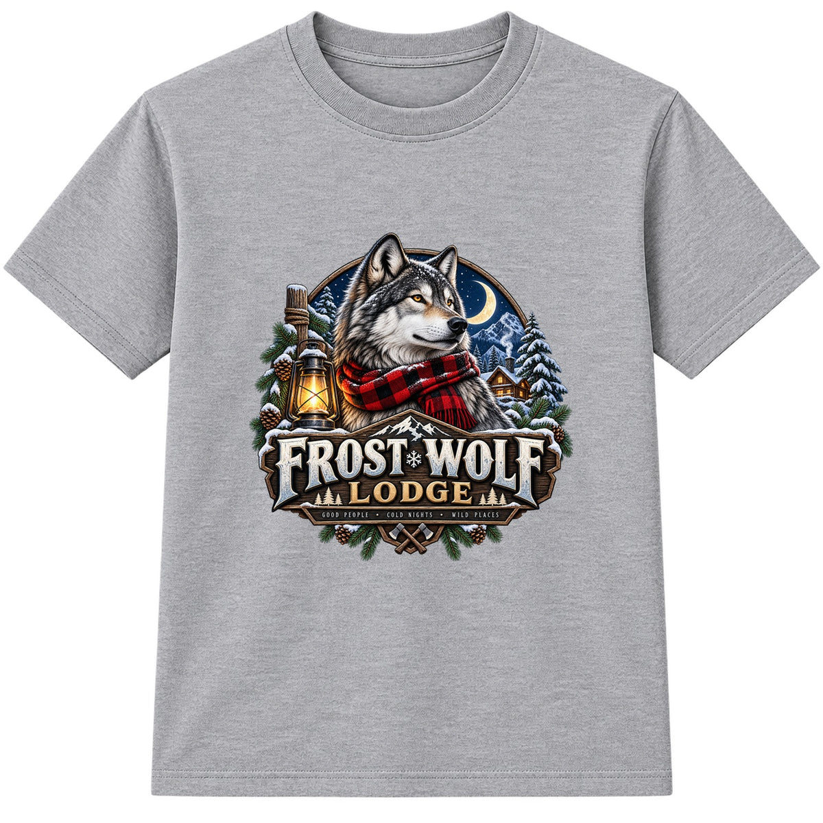 Frost Wolf Lodge adult Christmas t-shirt - Heather Grey