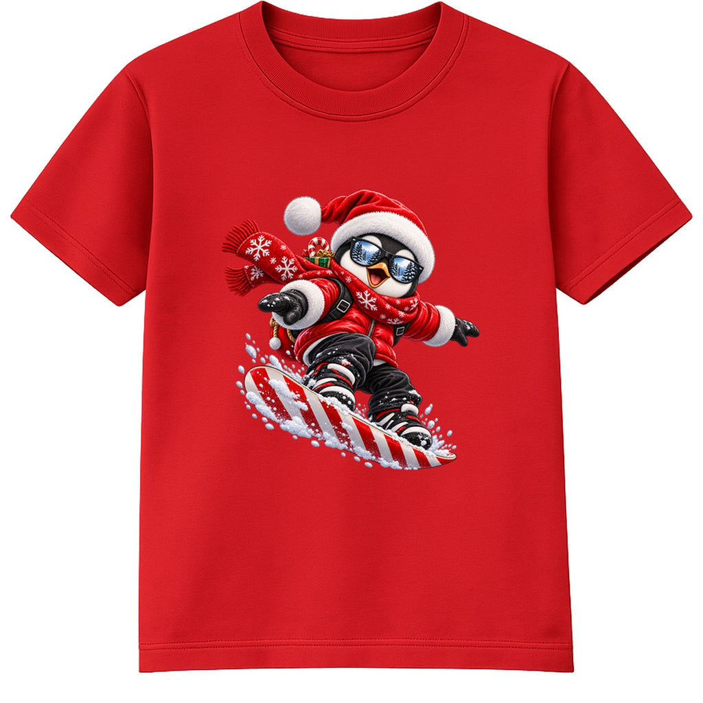 Snowboard Penguin kids Christmas t-shirt - Red