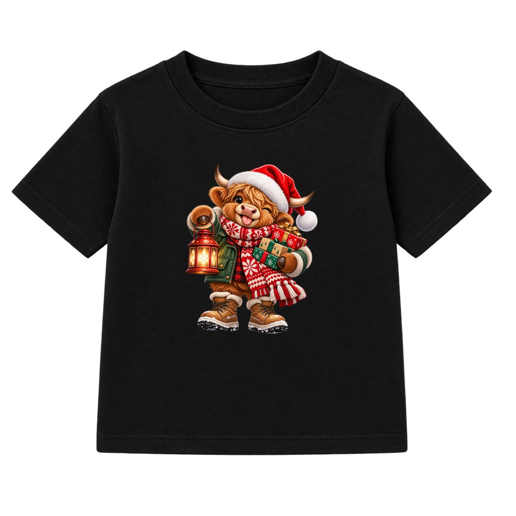 Lantern Highland Cow kids Christmas t-shirt - Black