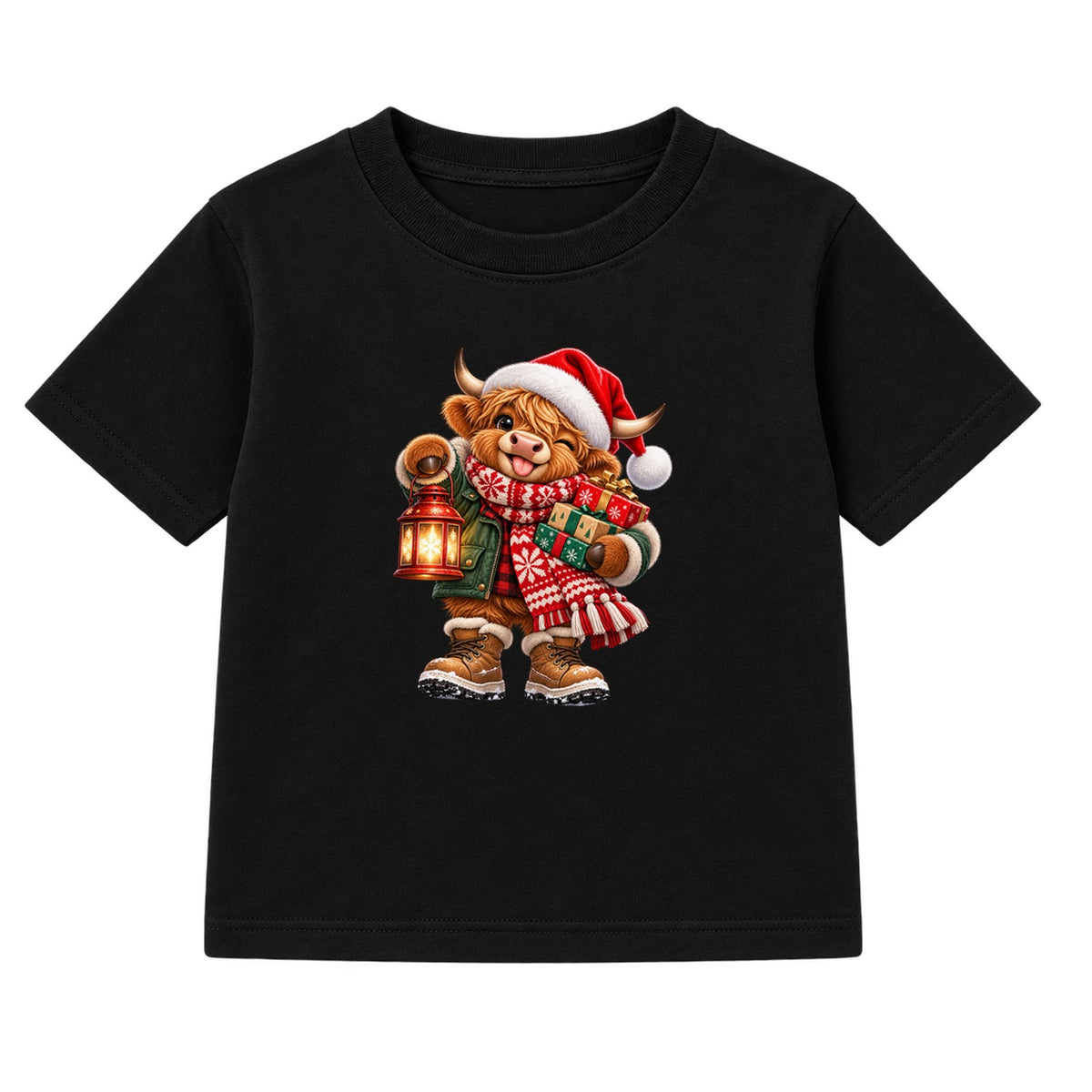 Lantern Highland Cow kids Christmas t-shirt - Black
