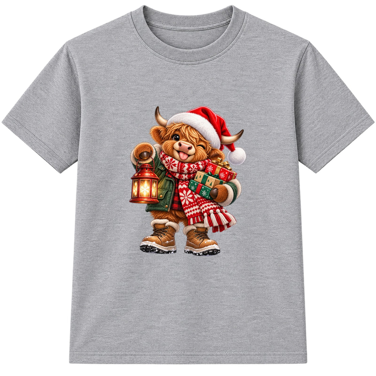 Lantern Highland Cow kids Christmas t-shirt - Heather Grey