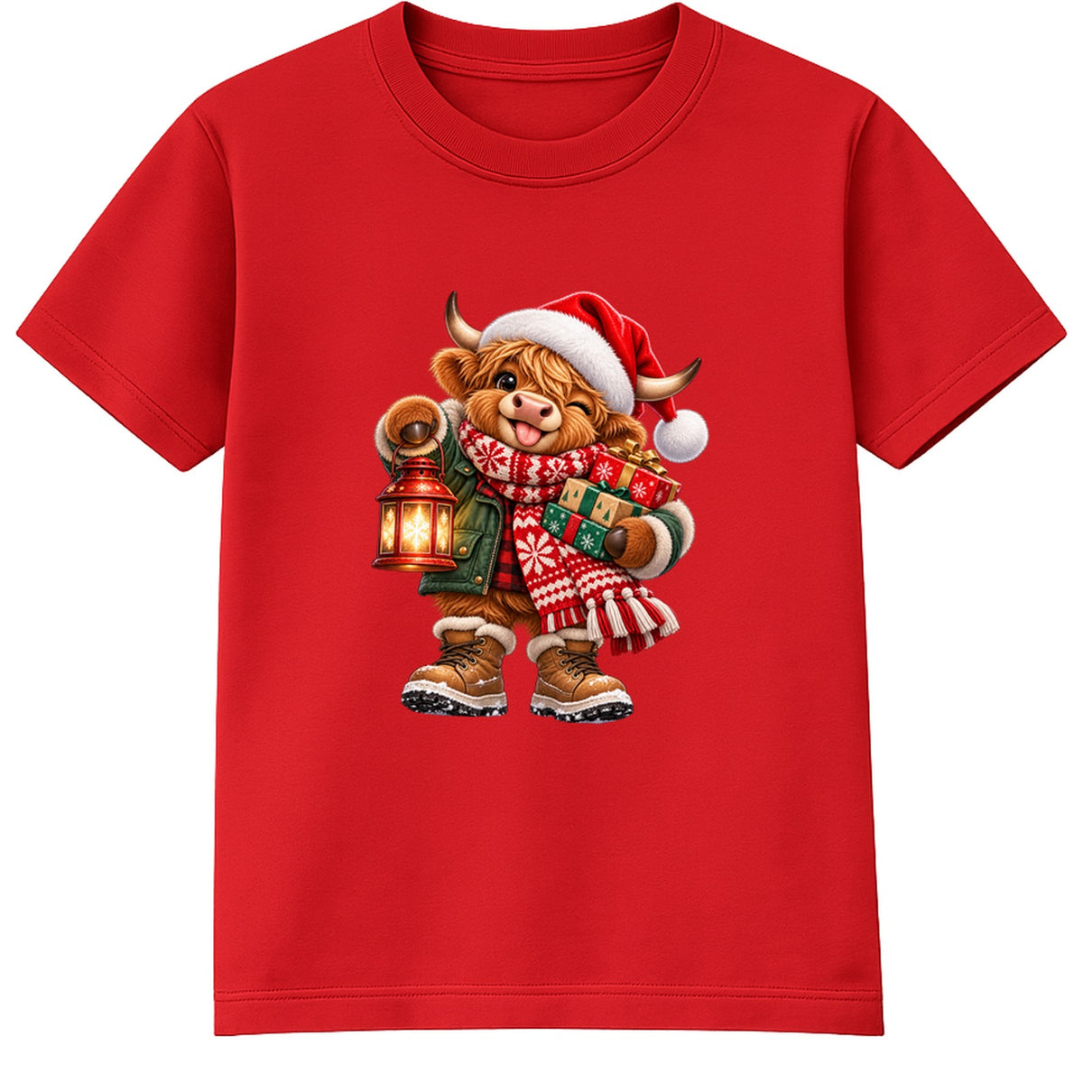 Lantern Highland Cow kids Christmas t-shirt - Red