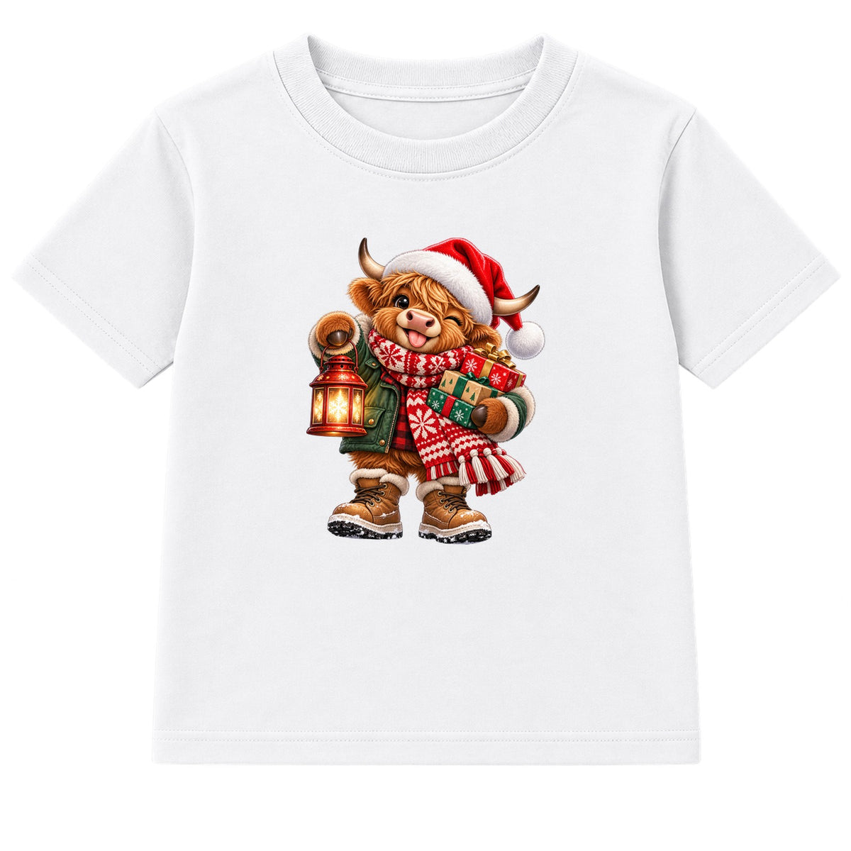 Lantern Highland Cow kids Christmas t-shirt - White