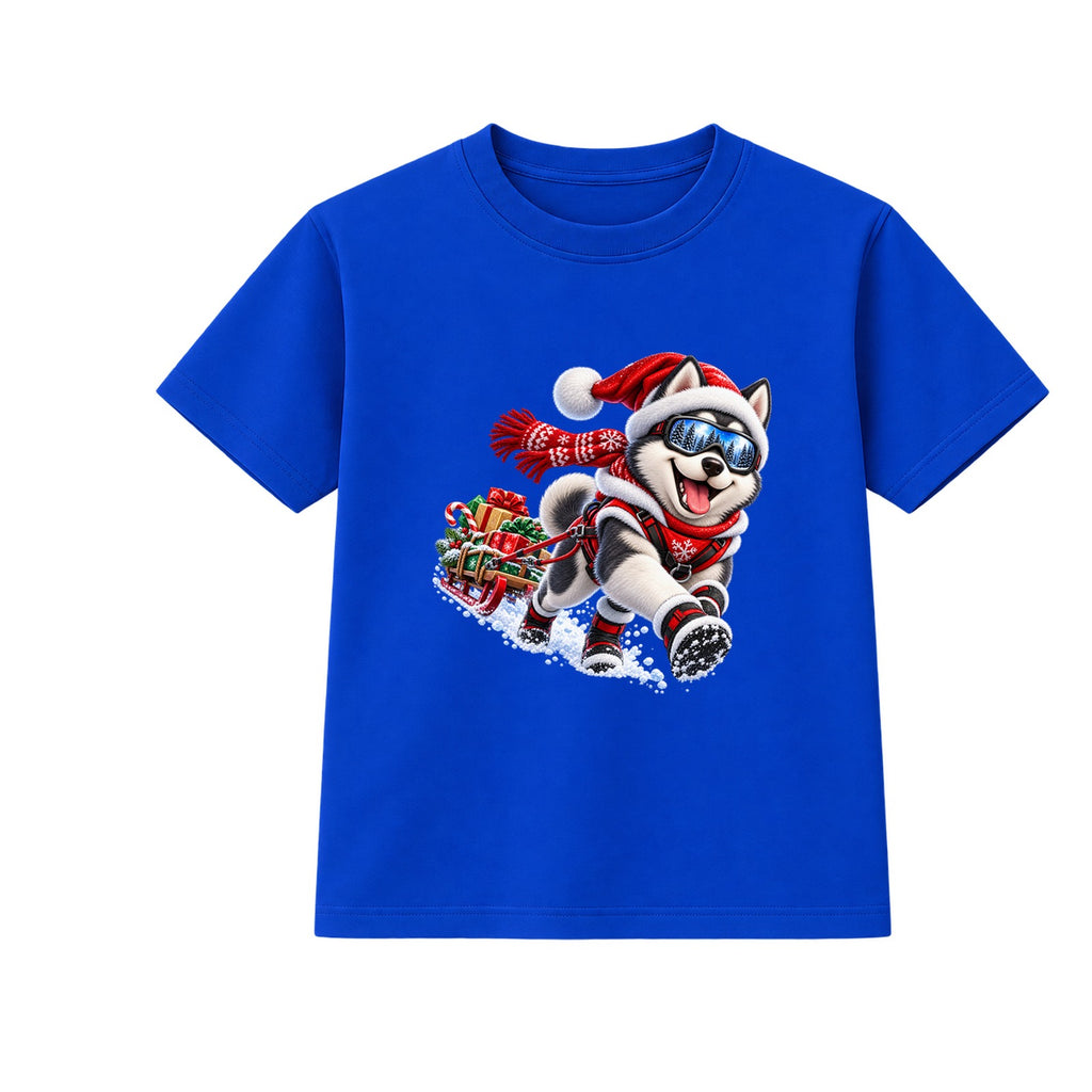Husky Sled Run kids Christmas t-shirt - Blue