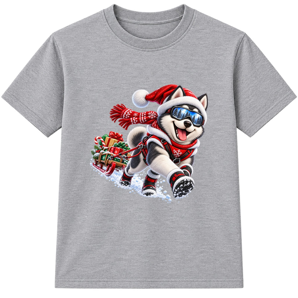 Husky Sled Run kids Christmas t-shirt - Heather Grey