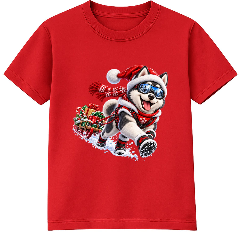 Husky Sled Run kids Christmas t-shirt - Red