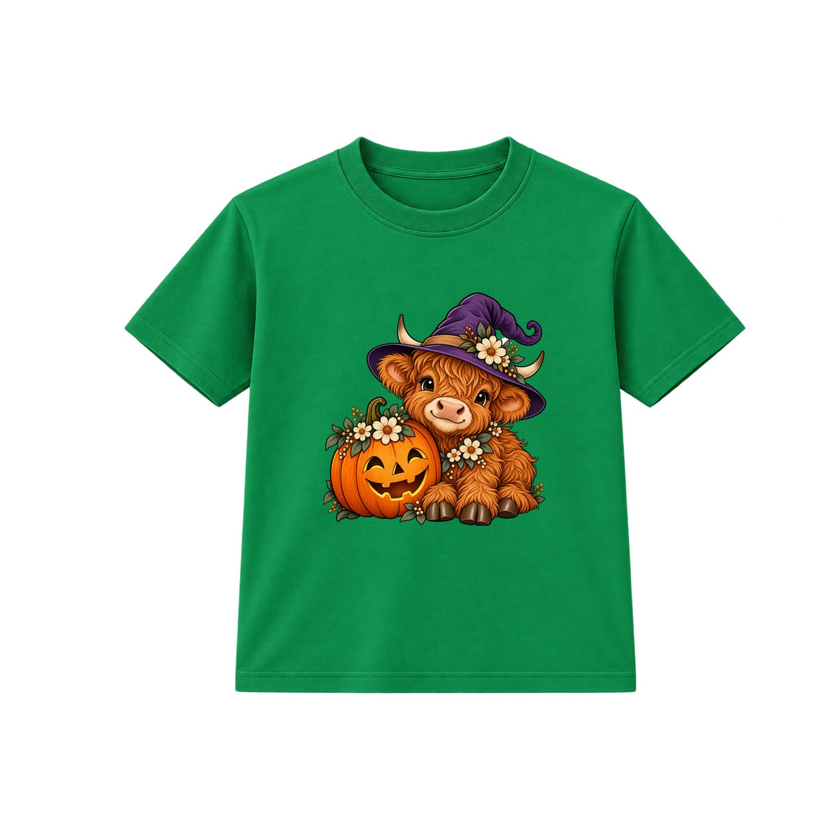 Witchy Highland Cow kids Halloween t-shirt - Green