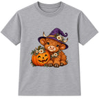 Witchy Highland Cow kids Halloween t-shirt - Heather Grey