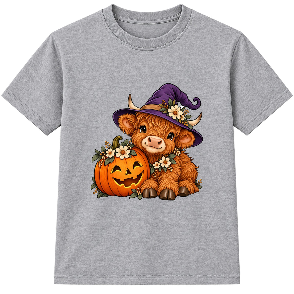 Witchy Highland Cow kids Halloween t-shirt - Heather Grey
