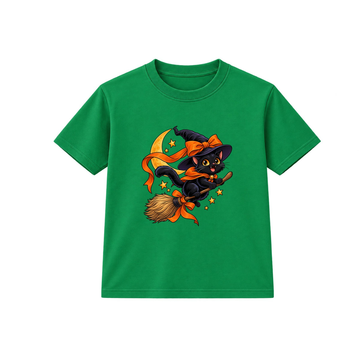 Broomstick Cat kids Halloween t-shirt - Green