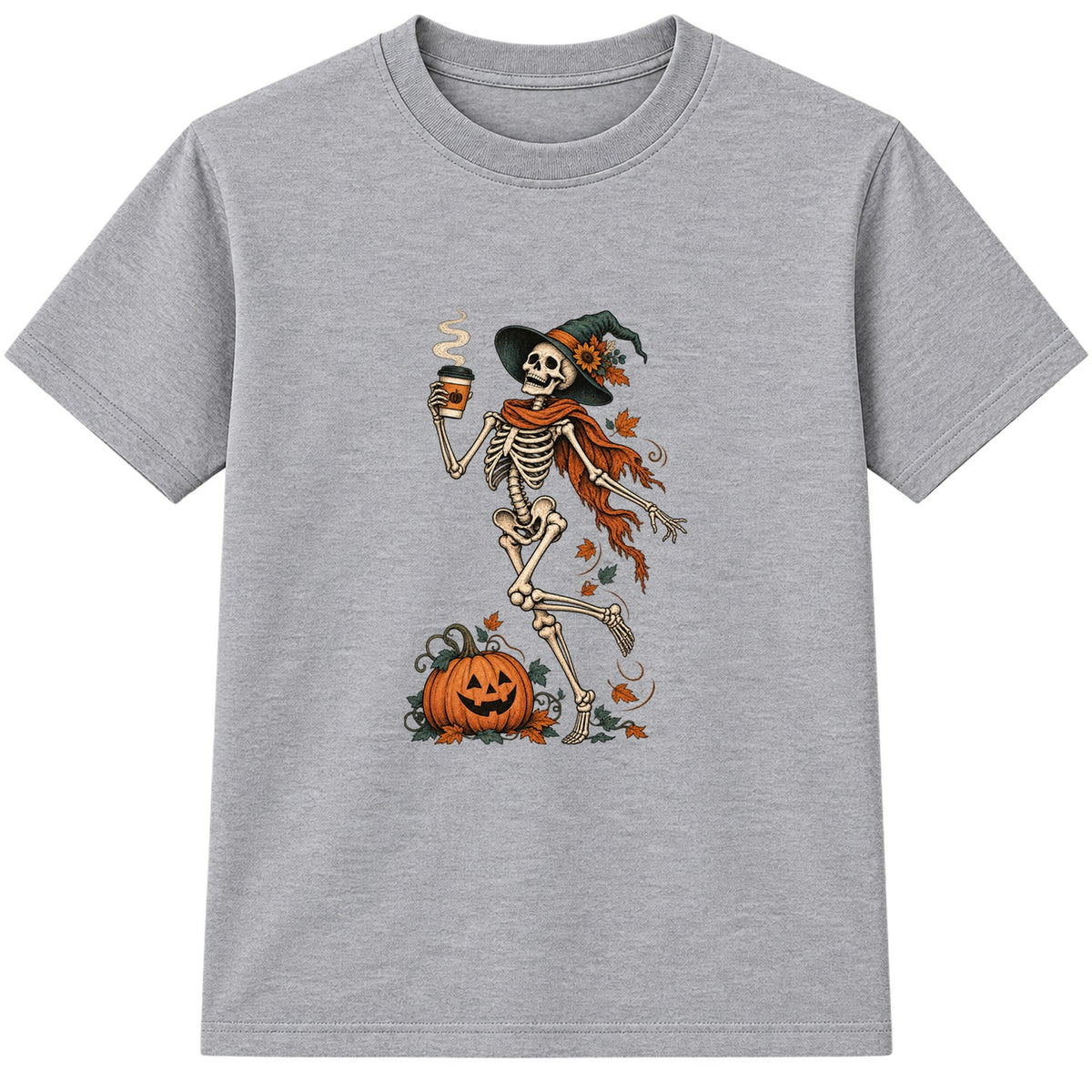 Coffee Skeleton adult Halloween t-shirt - Heather Grey
