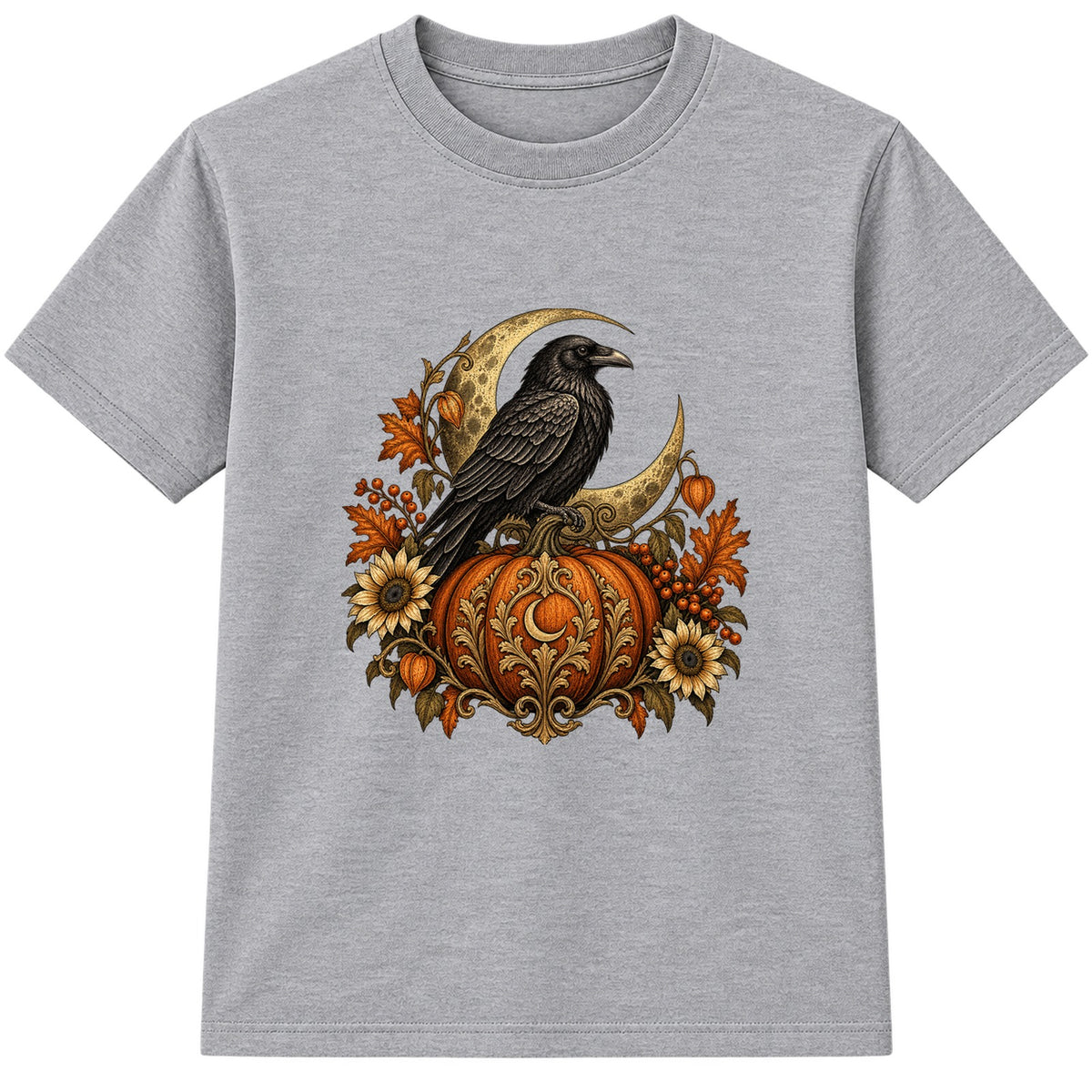 Raven and Pumpkin adult Halloween t-shirt - Heather Grey