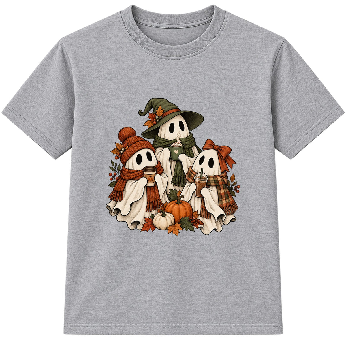 Coffee Ghosts adult Halloween t-shirt - Heather Grey