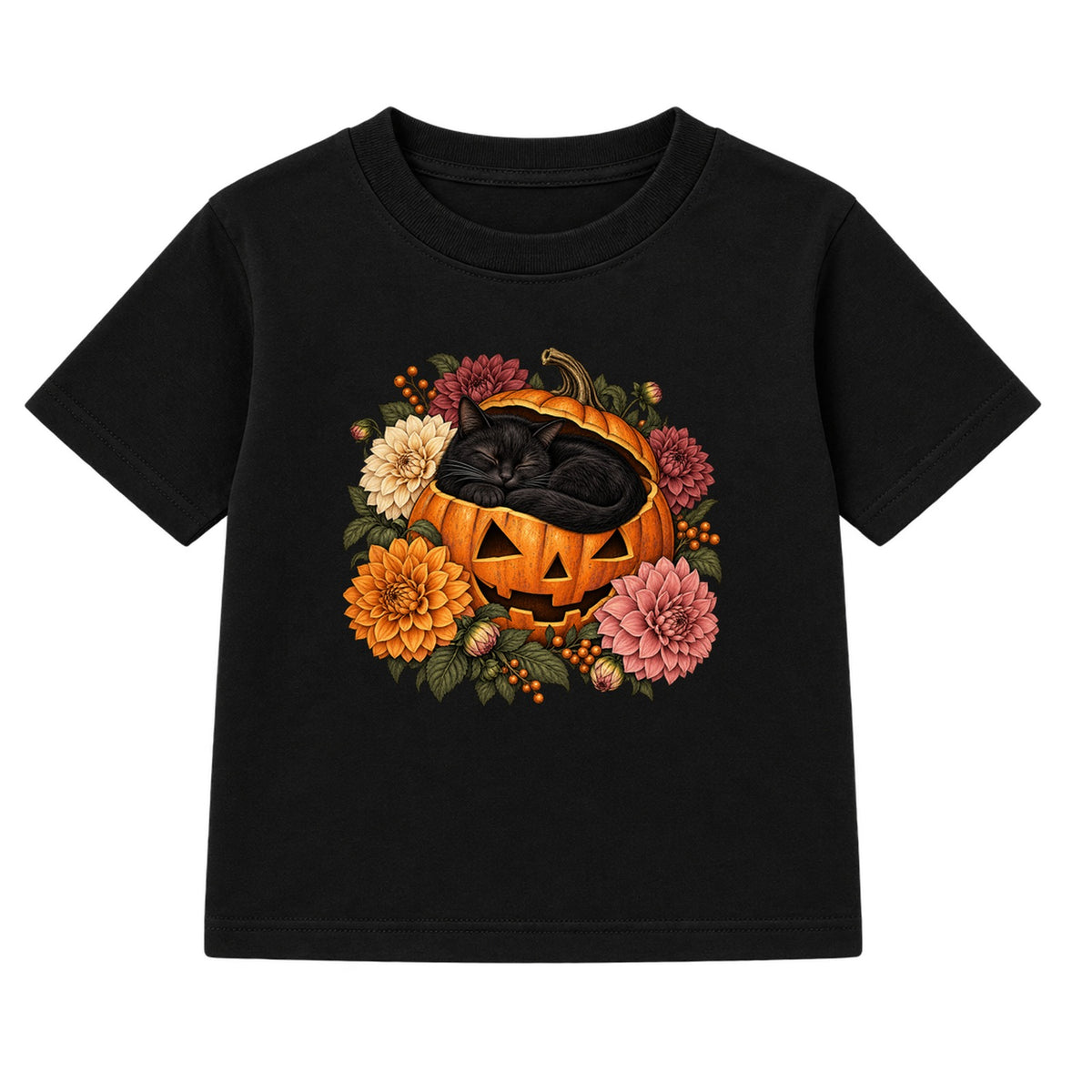 Sleepy Pumpkin Cat adult Halloween t-shirt - Black