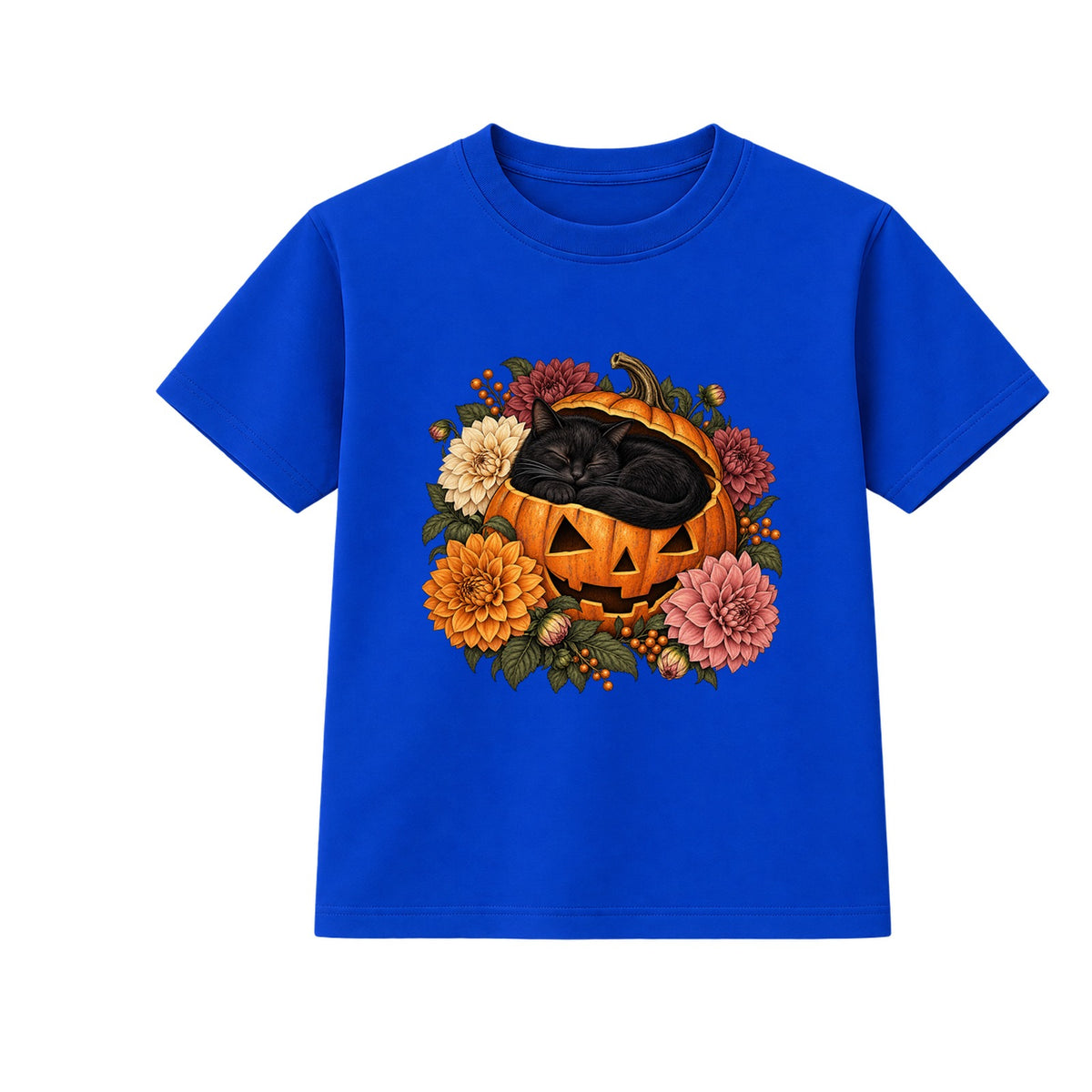 Sleepy Pumpkin Cat adult Halloween t-shirt - Blue