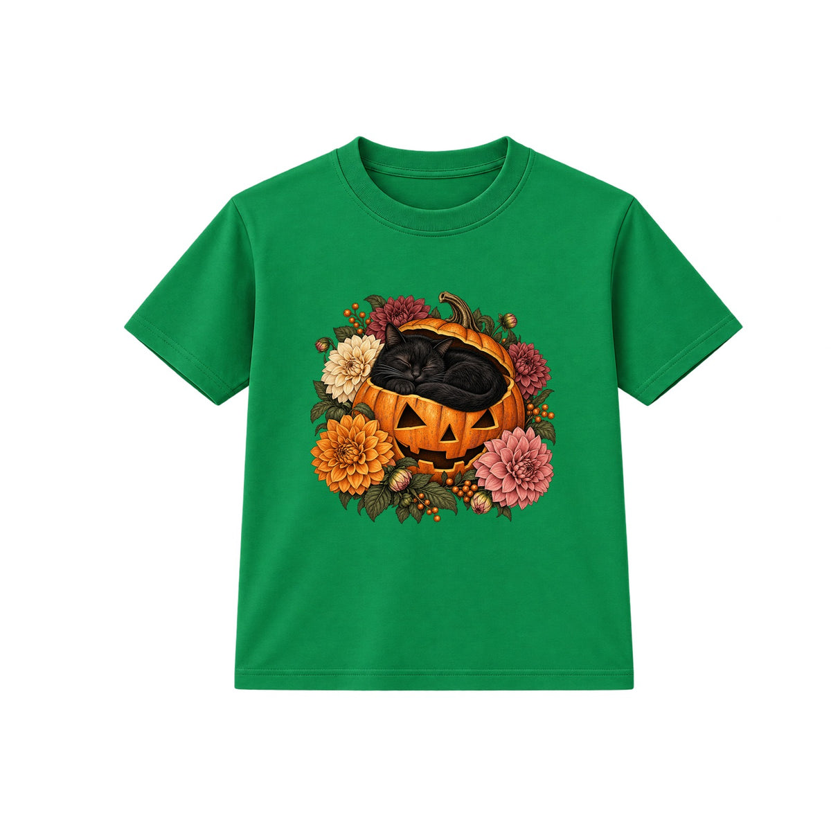 Sleepy Pumpkin Cat adult Halloween t-shirt - Green
