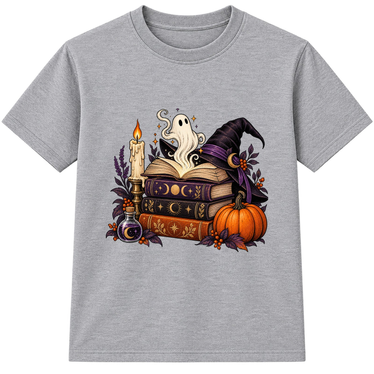 Spellbook Stack adult Halloween t-shirt - Heather Grey
