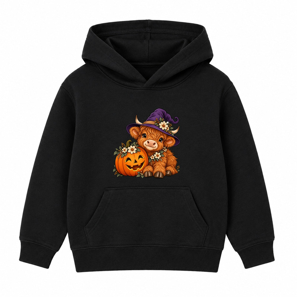 Witchy Highland Cow kids Halloween hoodie - Black