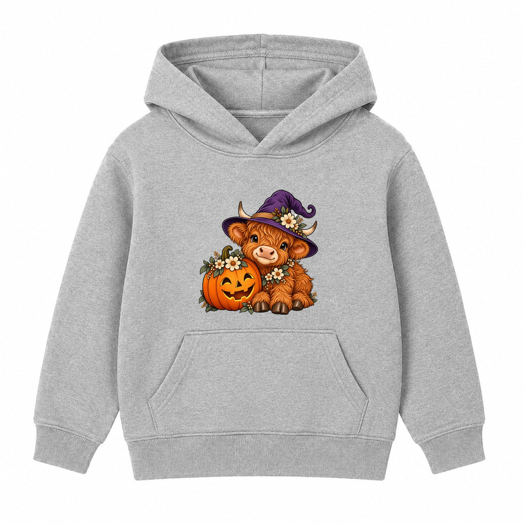 Witchy Highland Cow kids Halloween hoodie - Heather Grey