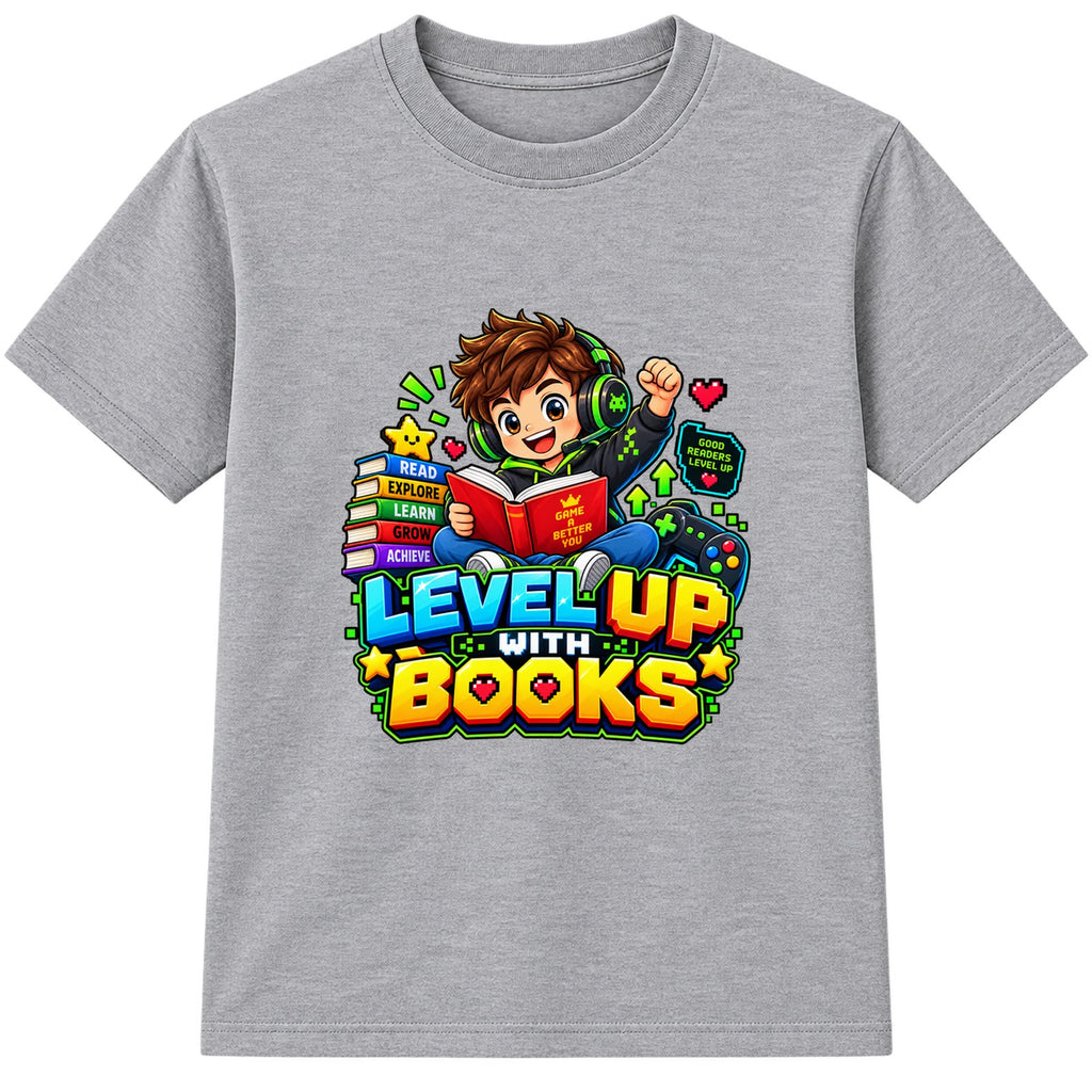 Level Up With Books kids World Book Day t-shirt - Heather Grey
