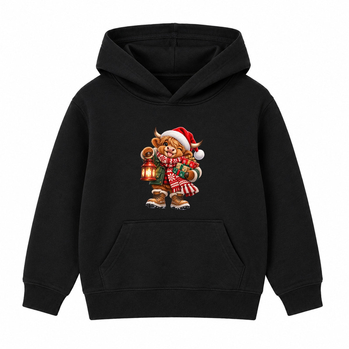 Lantern Highland Cow kids Christmas hoodie - Black