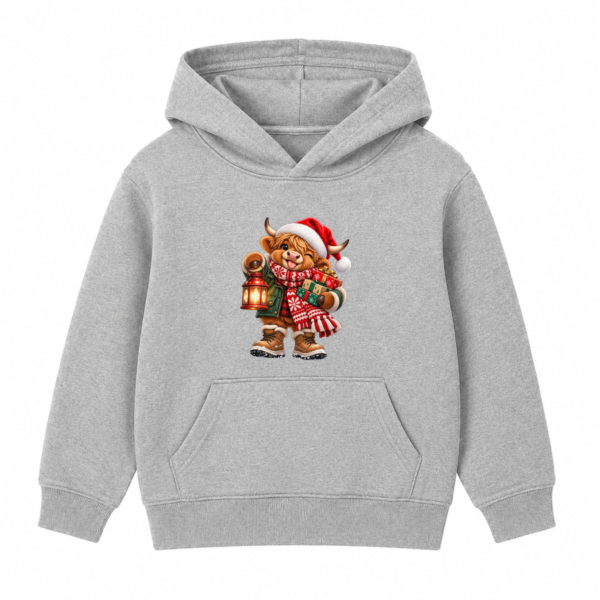 Lantern Highland Cow kids Christmas hoodie - Heather Grey