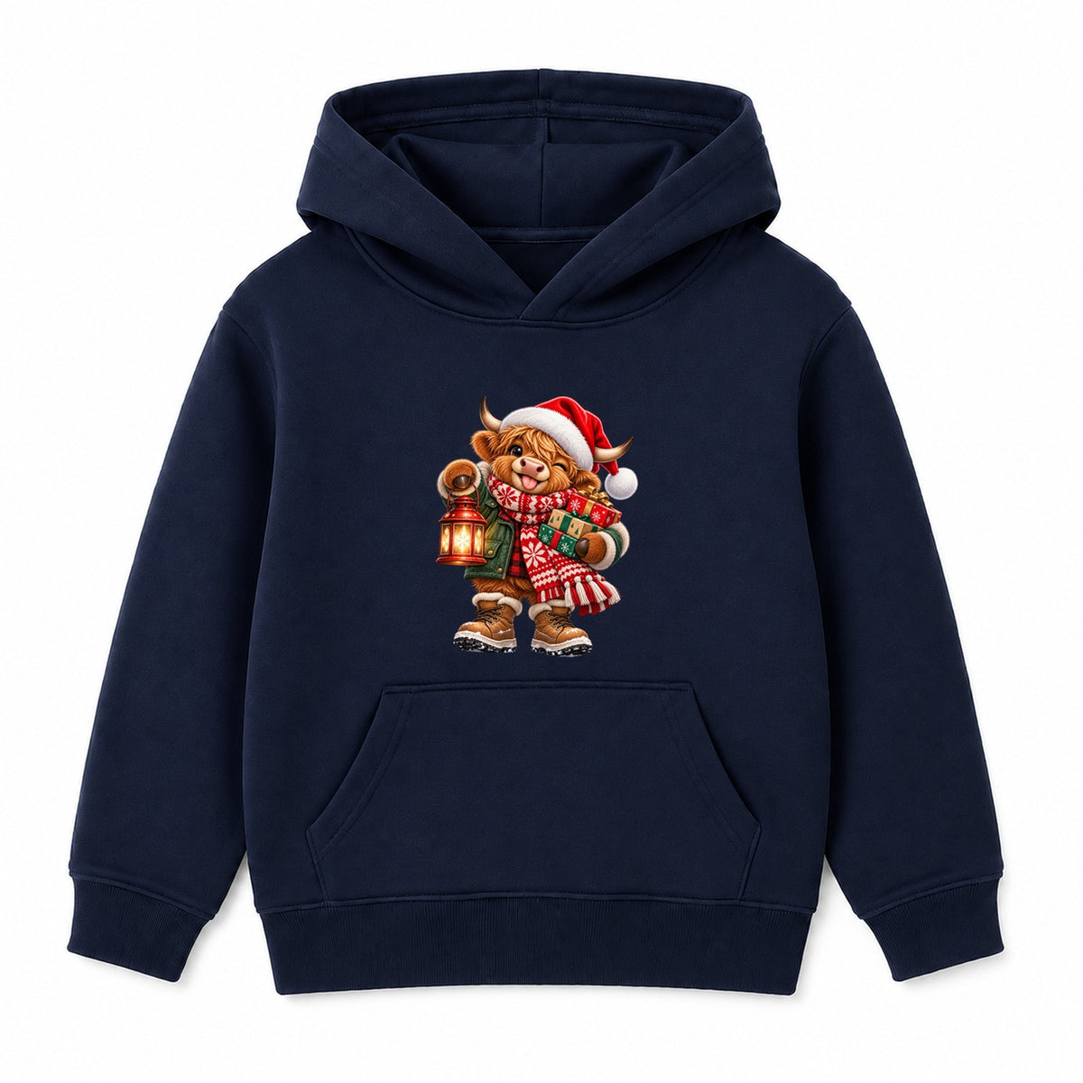 Lantern Highland Cow kids Christmas hoodie - Navy