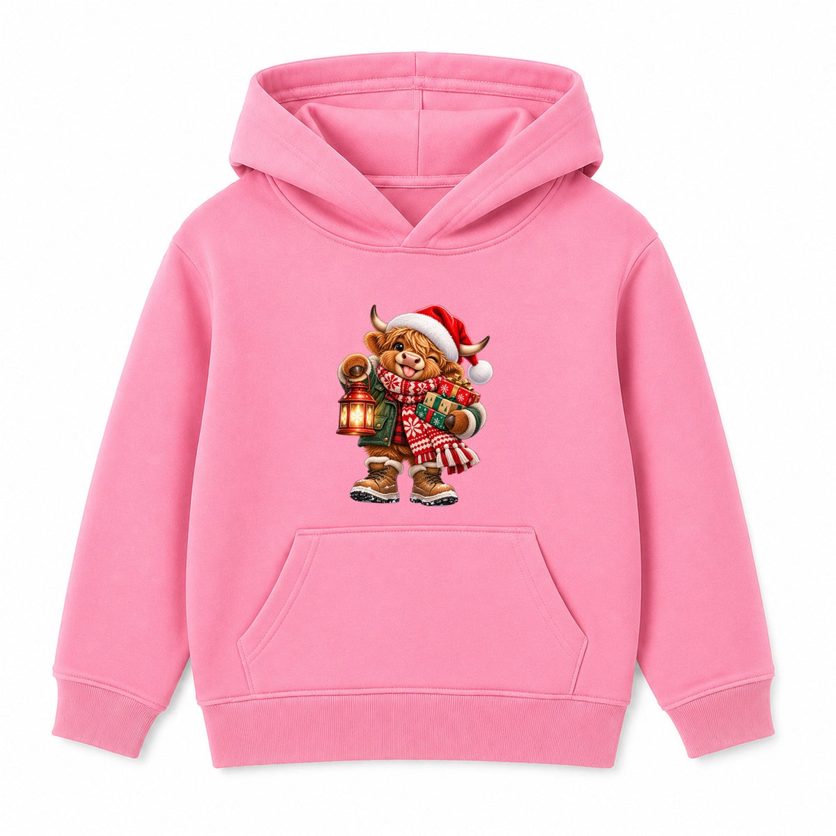Lantern Highland Cow kids Christmas hoodie - Pink